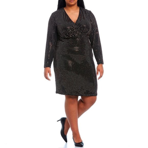 Calvin Klein Plus Metallic Dot Surplice Copper Gold Long Sleeve Sheath Dress - Picture 1 of 11
